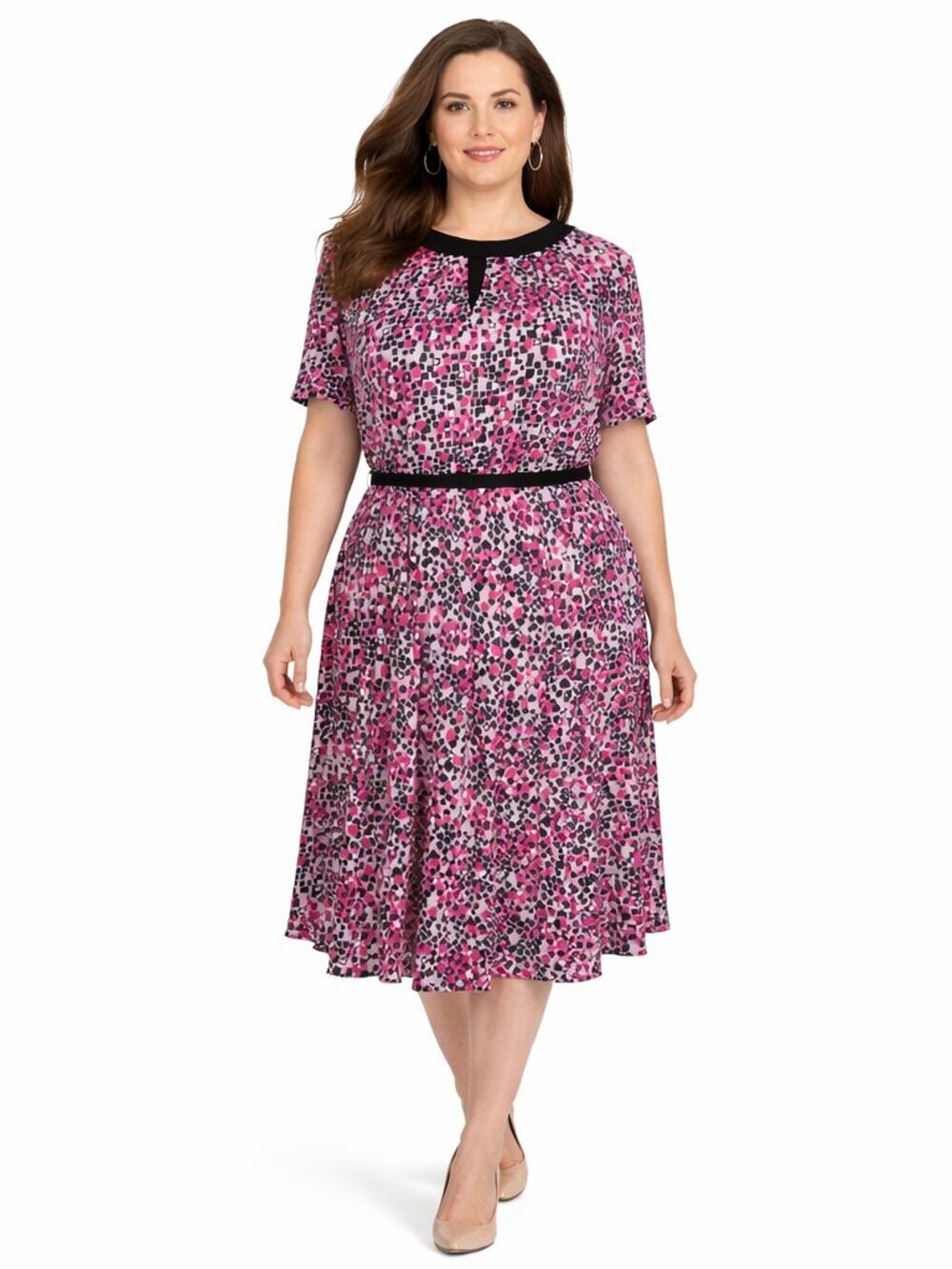 Tahari ASL Midi Swing Dress Size 18W Pink White Black Short Sleeve Keyhole Belt